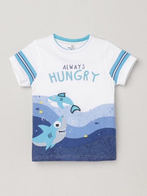 

max Boys White & Blue Printed T-shirt