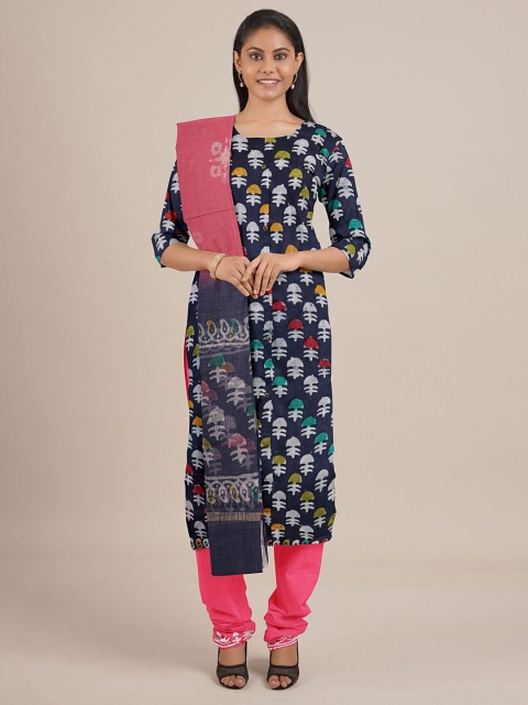 

Pothys Navy Blue & Pink Printed Unstitched Dress Material