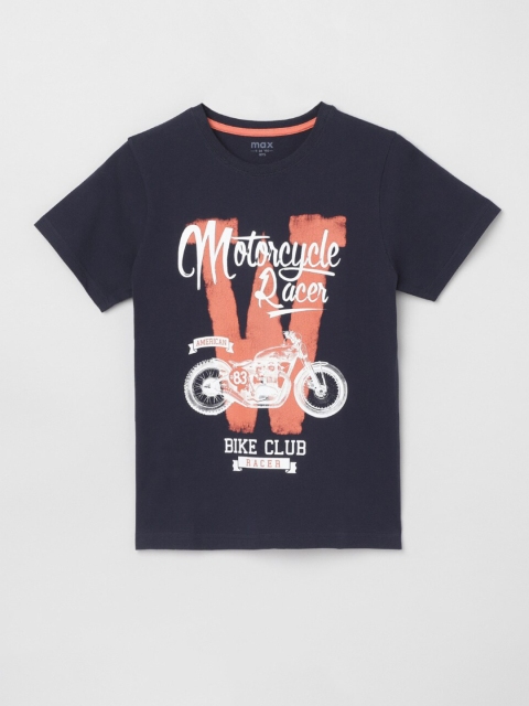 

max Boys Navy Blue Typography Printed T-shirt