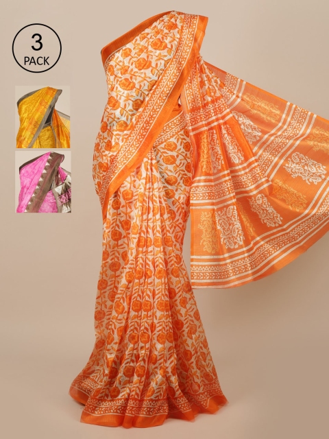 

Pothys Pack of 3 Ethnic Motifs Jute Silk Saree, Orange