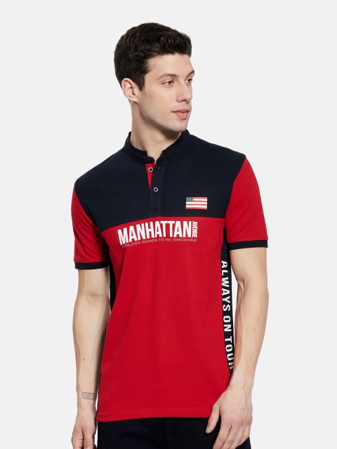 Octave Men Red Typography Mandarin Collar Applique T-shirt
