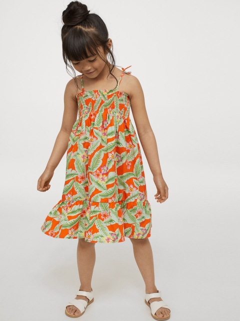 

H&M Girls Orange & Green Smocked Cotton A-Line Dress