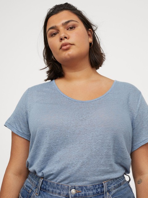 

H&M+ Women Blue Linen Jersey T-Shirt