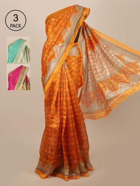 

Pothys Pack Of 3 Mustard & Green Zari Jute Silk Sarees