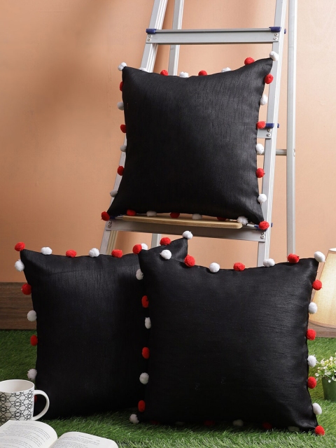 

RANGDESI Unisex Black Set of 3 Embellished Cushion Cover With Pom Pom Balls