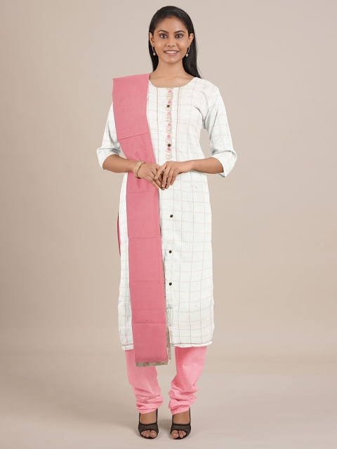 

Pothys Women White & Pink Printed Viscose Rayon Unstitched Dress Material