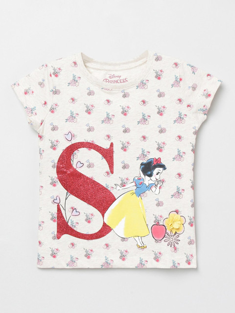 

max Girls Grey Melange Snow White Printed T-shirt