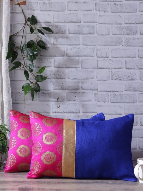 

Rangdesi Set Of 2 Brocade Woven-Design Cushion Cover With Inserts, Blue