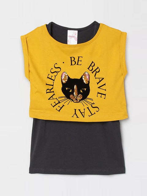 

max Yellow & Grey Tiered Cotton Longline Top