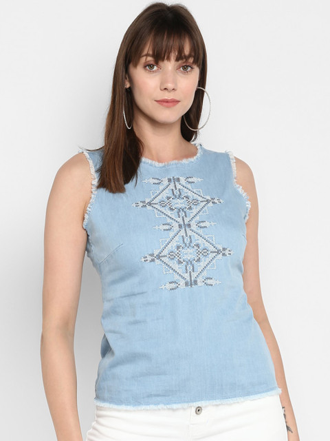 

FOSH Women Blue Geometric Denim Regular Top