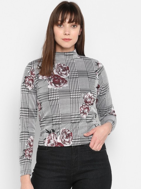 

FOSH Women Black & Purple Checked Regular Top