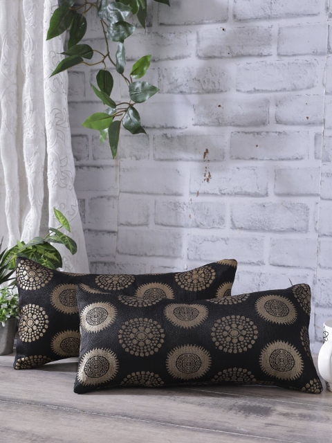 

Rangdesi Set of 2 Black & Gold-Coloured Brocade Cushion Cover with Inserts
