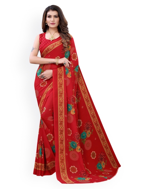 

KALINI Red & Blue Floral Pure Georgette Saree