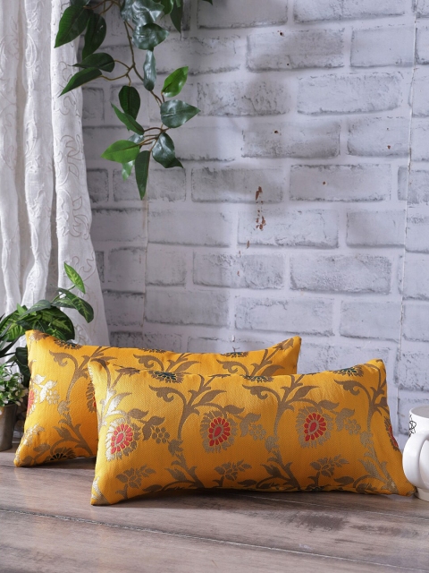 

Rangdesi Set Of 2 Yellow & Gold-Coloured Brocade Floral Jaal Cushion Cover with Inserts