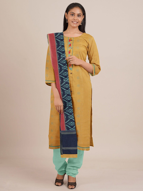

Pothys Mustard Yellow & Sea Green Printed Unstitched Dress Material