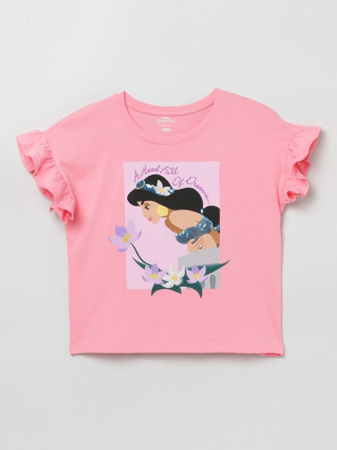 

max Girls Pink Printed T-shirt with Flutter Sleeves
