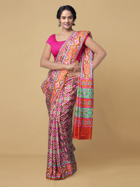 

Unnati Silks Pink & Orange Block Print Saree