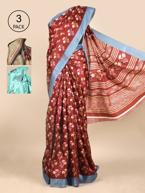 

Pothys Pack Of 3 Maroon & Turquoise Blue Ethnic Motifs Jute Silk Saree