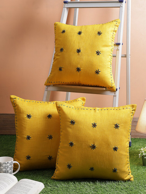 

RANGDESI Yellow & Blue Set of 3 Embroidered Square Cushion Covers