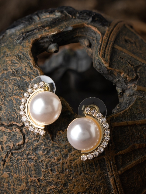

E2O Quirky Golden With White Peral Embellished Round Shaped Stud Earring, Gold