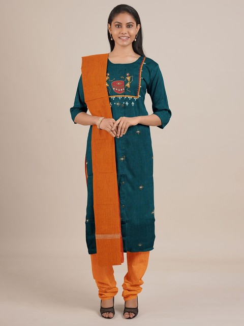

Pothys Teal Green & Orange Printed Unstitched Dress Material