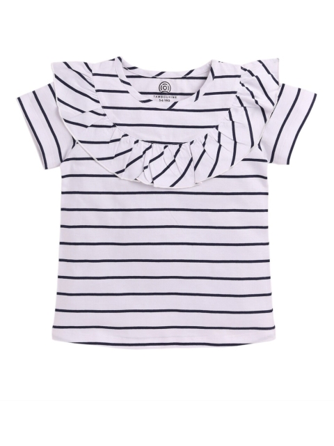 

TAMBOURINE Girls White Navy Blue Striped Pure Cotton T-shirt