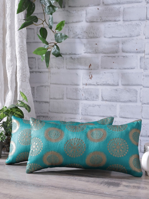 

Rangdesi Teal Brocade Floral Cushion Cover with Inserts-Set of 2