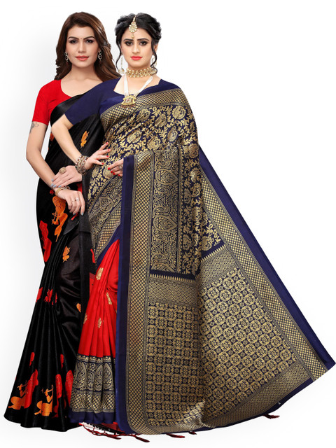 

KALINI Pack Of 2 Black & Blue Ethnic Motifs Zari Art Silk Sarees