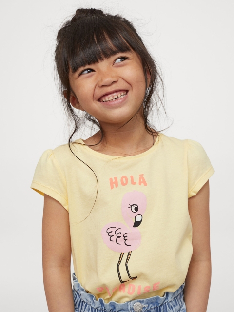 

H&M Girls Yellow & Pink Puff-Sleeved Cotton Jersey Top