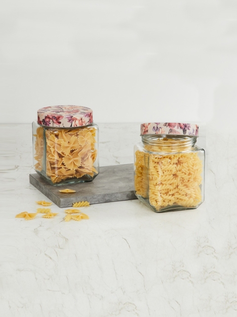 

Home Centre Set Of 2 Transparent & Pink Solid Glass Jar With Lid