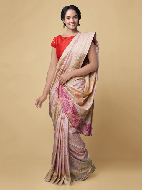 

Unnati Silks Beige & Pink Ethnic Motifs Block Print Handloom Saree