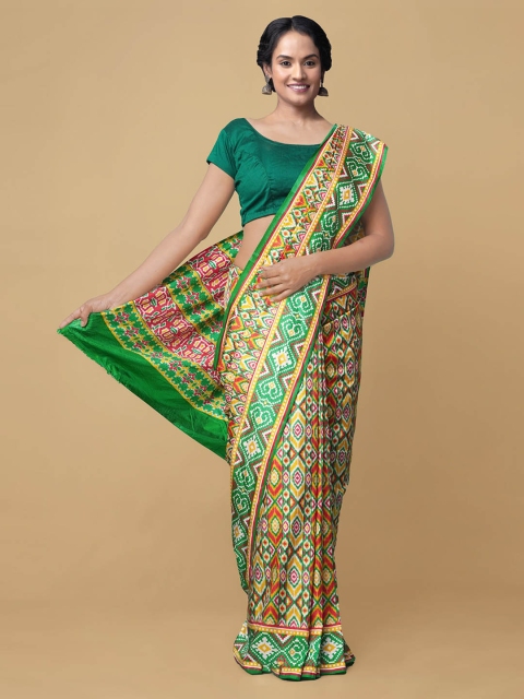 

Unnati Silks Green & Yellow Woven Design Zari Block Print Handloom Saree