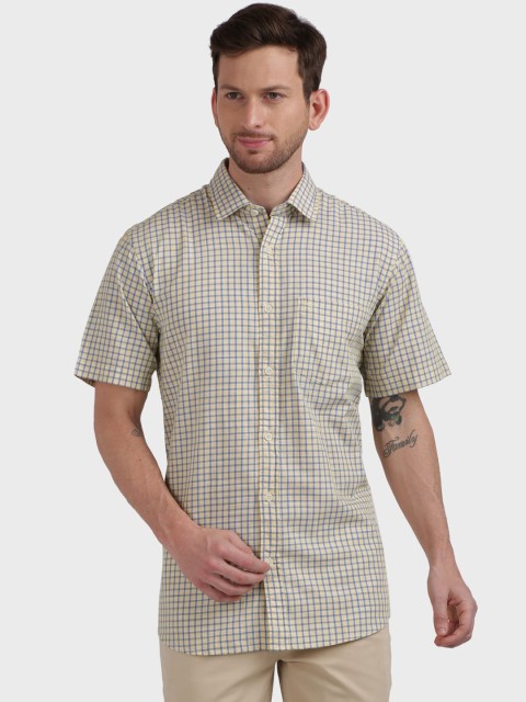 

ColorPlus Men Cream-Coloured & Blue Tailored Fit Checked Casual Shirt