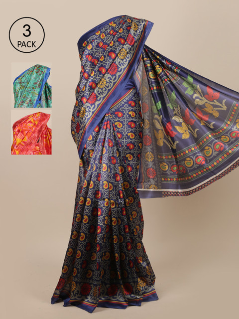 

Pothys Blue set of 3 Printed Zari Jute Silk Heavy Work Saree