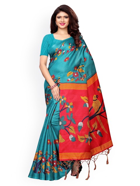 

KALINI Turquoise Blue & Red Floral Art Silk Saree