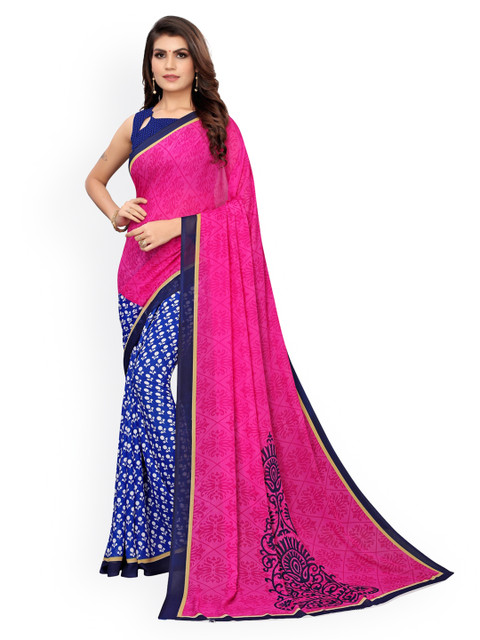 

KALINI Pink & Blue Floral Pure Georgette Half and Half Saree