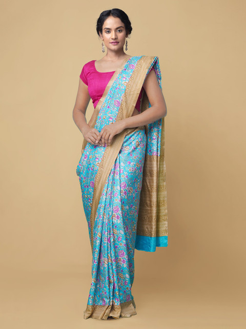 

Unnati Silks Blue Ethnic Motifs Block Print Handloom Saree