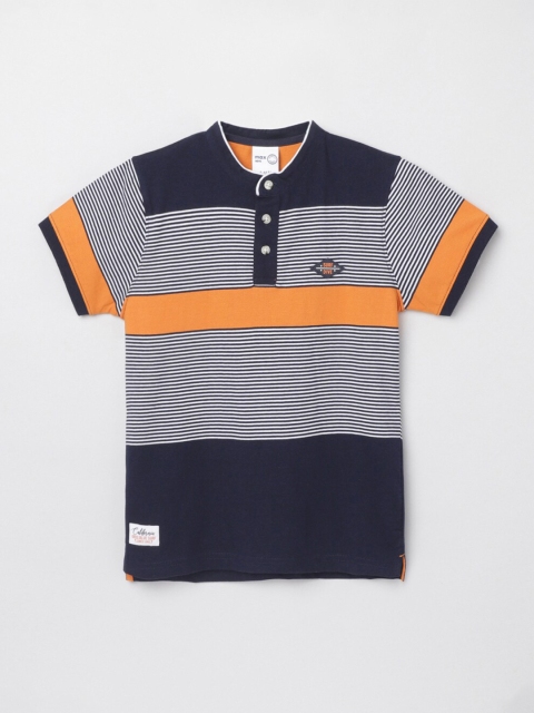 

max Boys Navy Blue & White Striped Henley Neck T-shirt