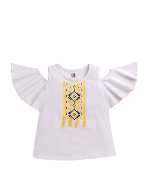 

TAMBOURINE Girls White & Yellow Printed Pure Cotton T-shirt