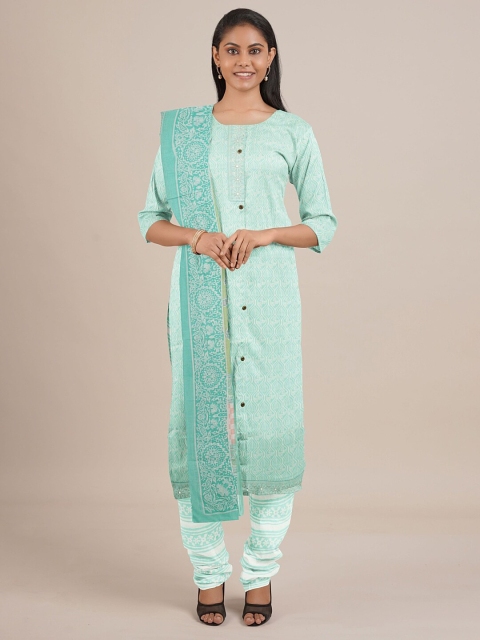 

Pothys Women Sea Green & White Printed Unstitched Dress Material