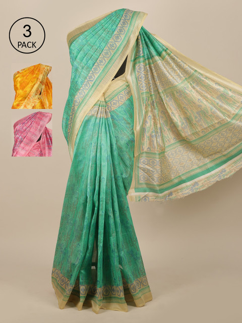 

Pothys Pack Of 3 Green & Orange Ethnic Motifs Jute Silk Saree