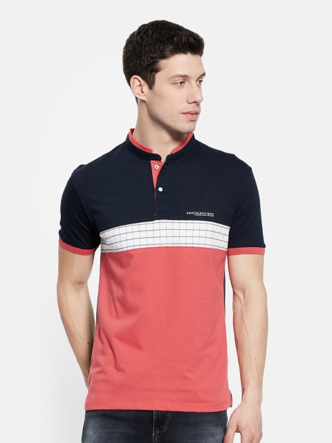 

Octave Men Navy Blue & Coral Pink Colourblocked Mandarin Collar T-shirt