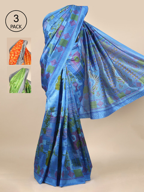 

Pothys Pack Of 3 Jute Silk Saree, Blue