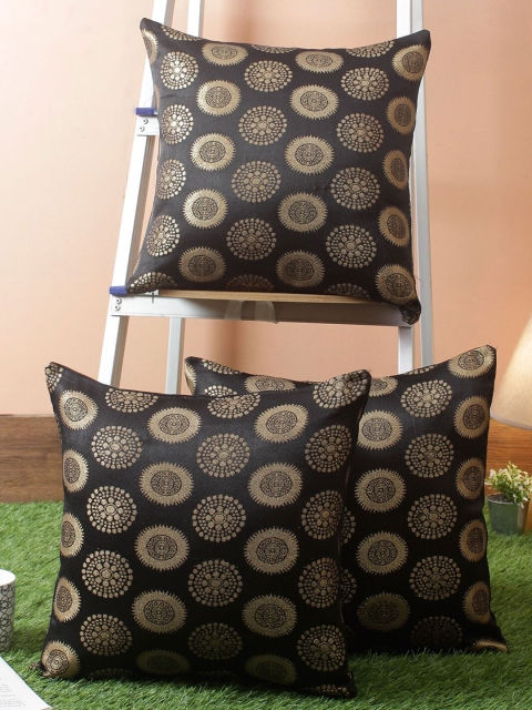 

RANGDESI Black & Gold-Toned Set of 3 Ethnic Motifs Square Cushion Covers