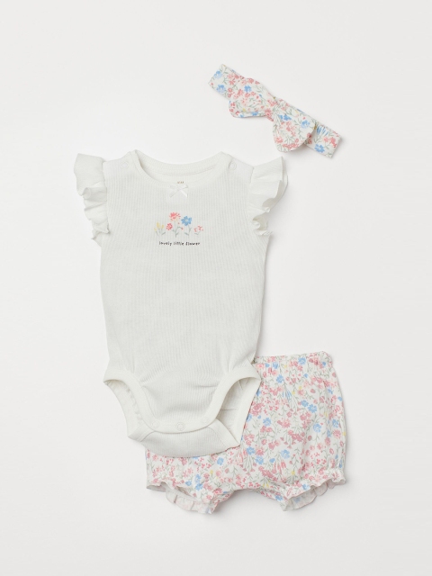 

H&M Girls 3-Piece Printed Bodysuit with Shorts & Hairband, White