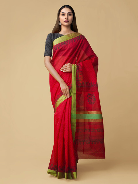 

Unnati Silks Red Ethnic Motifs Silk Cotton Chanderi Saree
