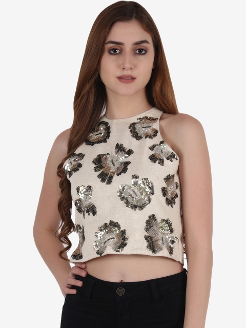 

Diwaah Off White Embellished Regular Crop Top