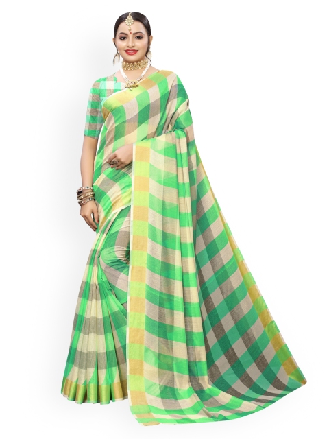 

KALINI Beige & Green Checked Silk Blend Kanjeevaram Saree