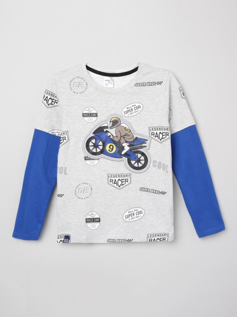 

max Boys Grey Melange Biker Printed Doctor Sleeves T-shirt