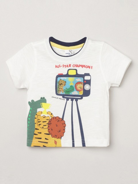 

max Boys White Printed Round Neck T-shirt
